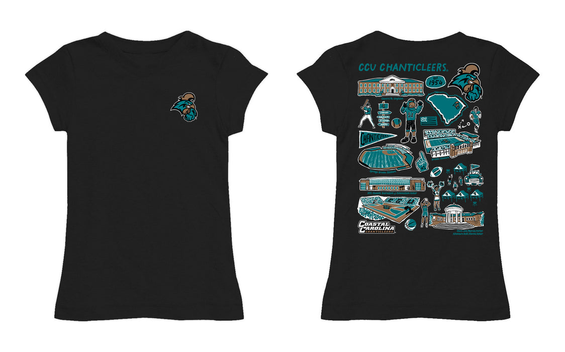 Coastal Carolina Chanticleers CCU Hand Sketched Vive La Fete Impressions Artwork Black Girls Cotton Short Sleeve Tee - Vive La Fête - Online Apparel Store