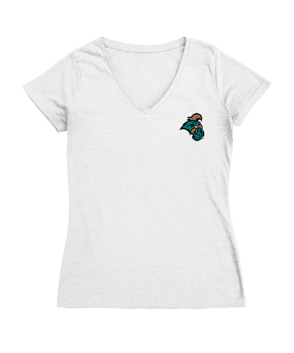 Coastal Carolina Chanticleers Hand Sketched Vive La Fete Impressions Artwork White Women Cotton V-Neck Tshirt