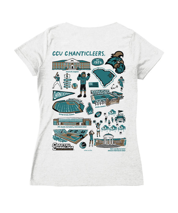 Coastal Carolina Chanticleers Hand Sketched Vive La Fete Impressions Artwork Black Women Cotton Short Sleeve V-Neck Tshi