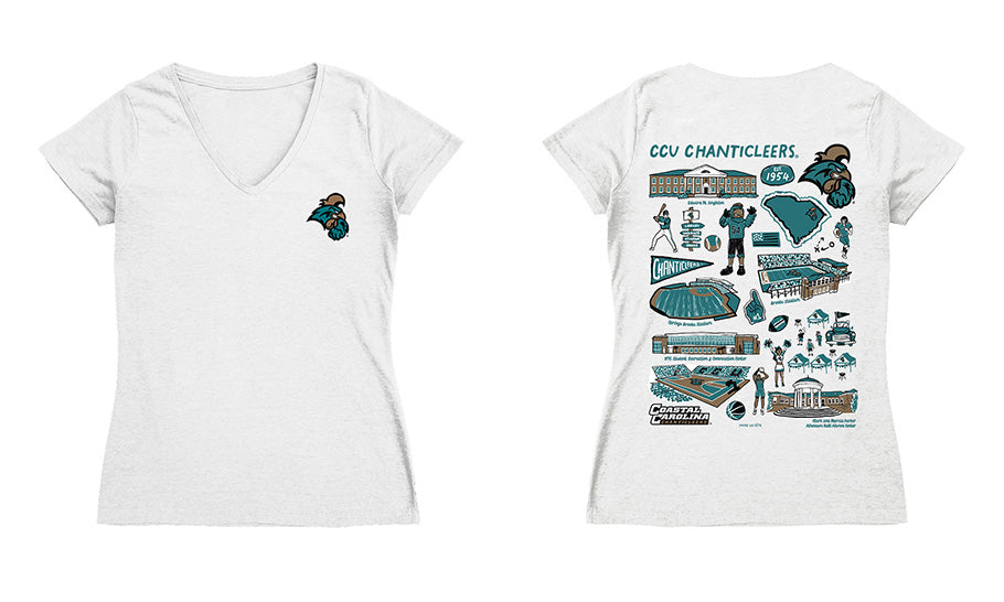 Coastal Carolina Chanticleers Hand Sketched Vive La Fete Impressions Artwork Black Women Cotton Short Sleeve V-Neck Tshi