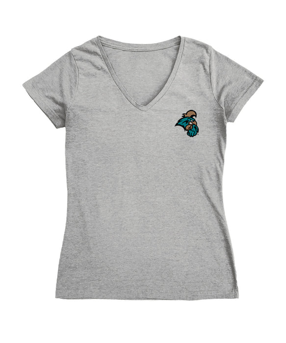 Coastal Carolina Chanticleers Hand Sketched Vive La Fete Impressions Artwork Grey Women Cotton V-Neck Tshirt