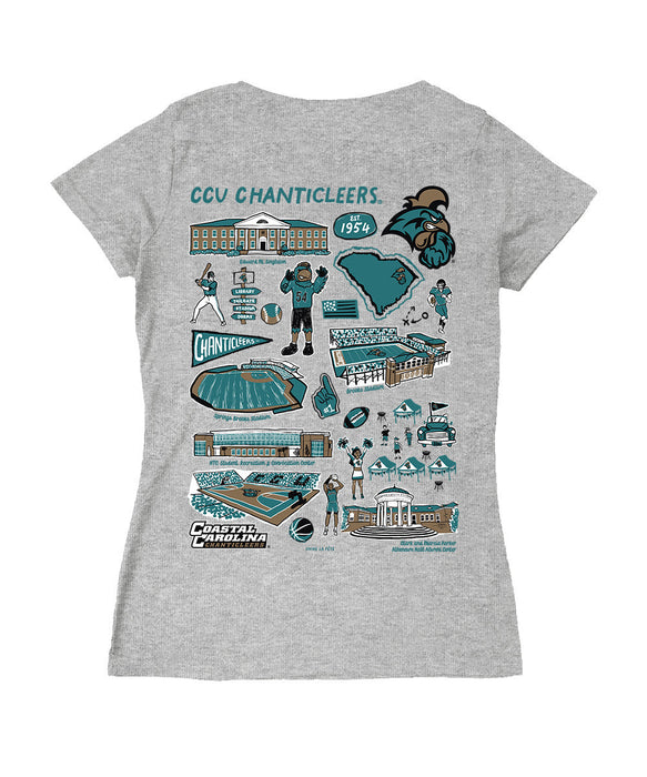Coastal Carolina Chanticleers Hand Sketched Vive La Fete Impressions Artwork Black Women Cotton Short Sleeve V-Neck Tshi