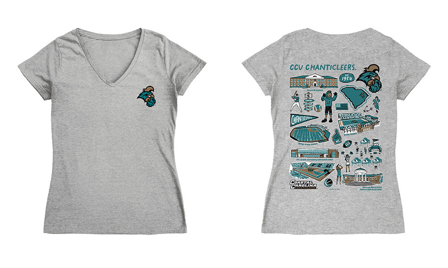 Coastal Carolina Chanticleers Hand Sketched Vive La Fete Impressions Artwork Black Women Cotton Short Sleeve V-Neck Tshi