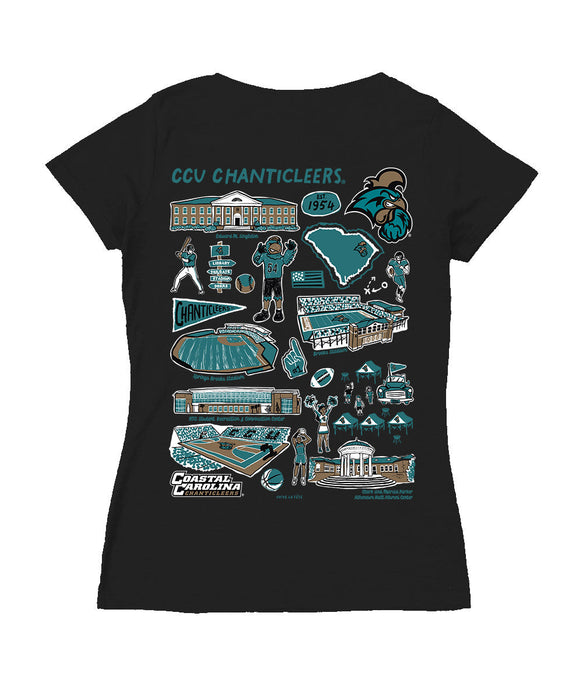 Coastal Carolina Chanticleers Hand Sketched Vive La Fete Impressions Artwork Black Women Cotton Short Sleeve V-Neck Tshi