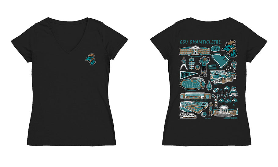 Coastal Carolina Chanticleers Hand Sketched Vive La Fete Impressions Artwork Black Women Cotton Short Sleeve V-Neck Tshi