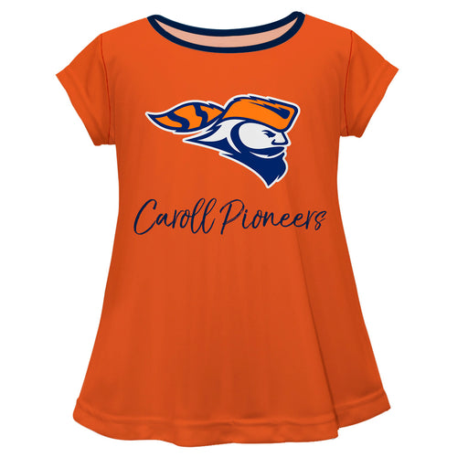 Carroll Pioneers Vive La Fete Girls Game Day Short Sleeve Orange Top with School Logo and Name