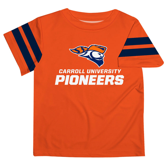 Carroll Pioneers Vive La Fete Boys Game Day Orange Short Sleeve Tee with Stripes on Sleeves