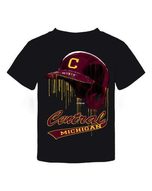 Central Michigan Chippewas Original Dripping Baseball Helmet Black T-Shirt Cotton by Vive La Fete