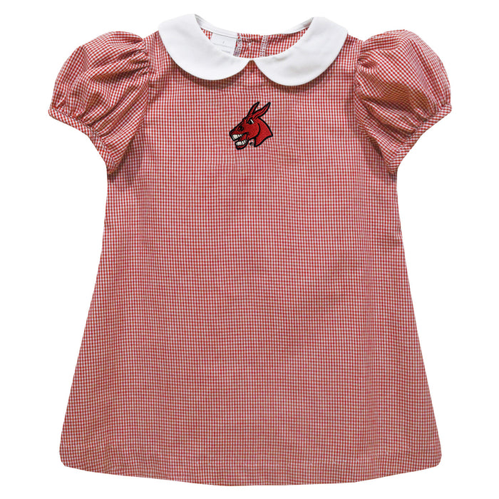 Central Missouri Mules Embroidered Cardinal Red Gingham Short Sleeve A Line Dress