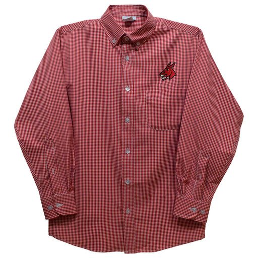 Central Missouri Mules Embroidered Cardinal Red Gingham Long Sleeve Button Down Shirt