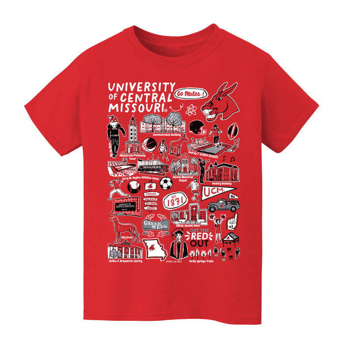 Central Missouri Mules Hand Sketched Vive La Fete Impressions Artwork Red Cotton Short Sleeve Tshirt