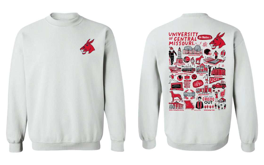 Central Missouri Mules Hand Sketched Vive La Fete Impressions Artwork Red Crew Neck Sweatshirt for Women