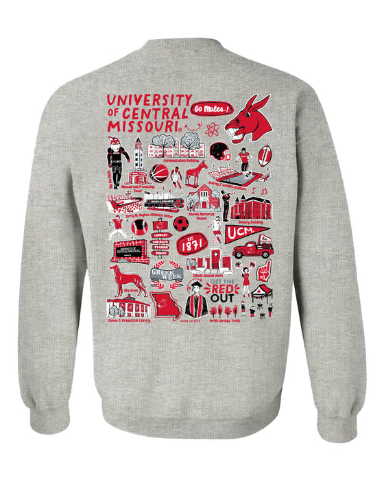 Central Missouri Mules Hand Sketched Vive La Fete Impressions Artwork Red Crew Neck Sweatshirt for Women