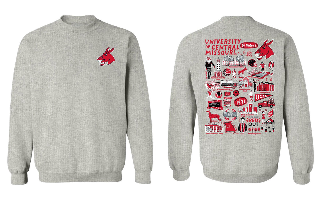 Central Missouri Mules Hand Sketched Vive La Fete Impressions Artwork Red Crew Neck Sweatshirt for Women