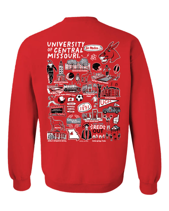 Central Missouri Mules Hand Sketched Vive La Fete Impressions Artwork Red Crew Neck Sweatshirt for Women