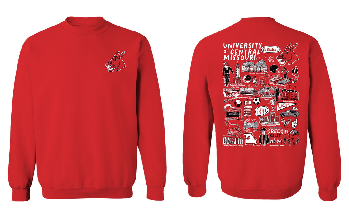 Central Missouri Mules Hand Sketched Vive La Fete Impressions Artwork Red Crew Neck Sweatshirt for Women
