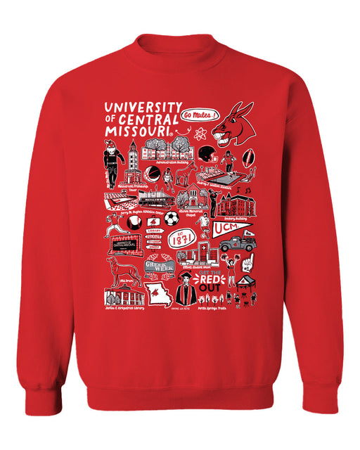 Central Missouri Mules Hand Sketched Vive La Fete Impressions Red Cotton Crewneck Sweatshirt for Women