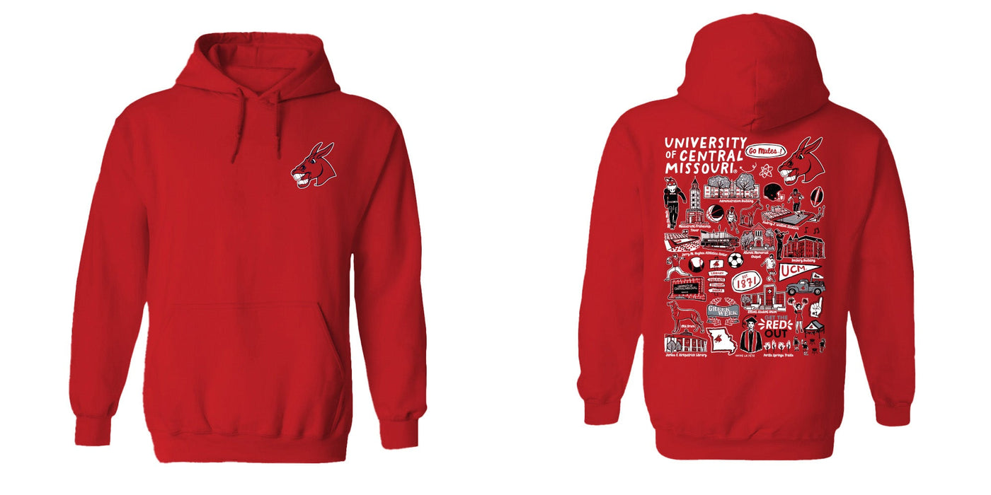 Central Missouri Mules Hand Sketched Vive La Fete Impressions Artwork Red Boys Cotton Fleece Long Sleeve Hoodie