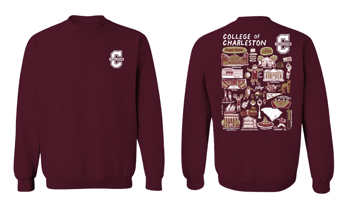 Charleston Cougars COC Hand Sketched Vive La Fete Impressions Artwork Maroon Crew Neck Sweatshirt for Women - Vive La Fête - Online Apparel Store