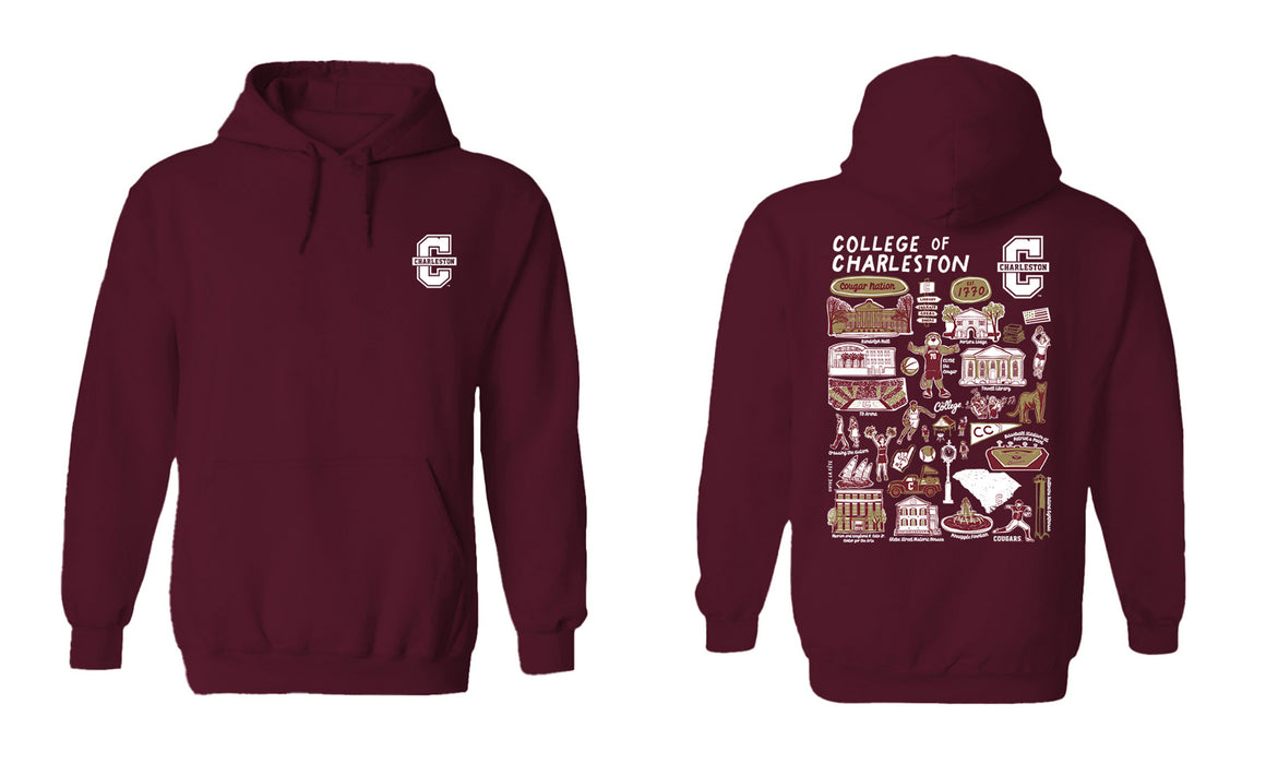 Charleston Cougars COC Hand Sketched Vive La Fete Impressions Artwork Maroon Cotton Fleece Long Sleeve Hoodie - Vive La Fête - Online Apparel Store