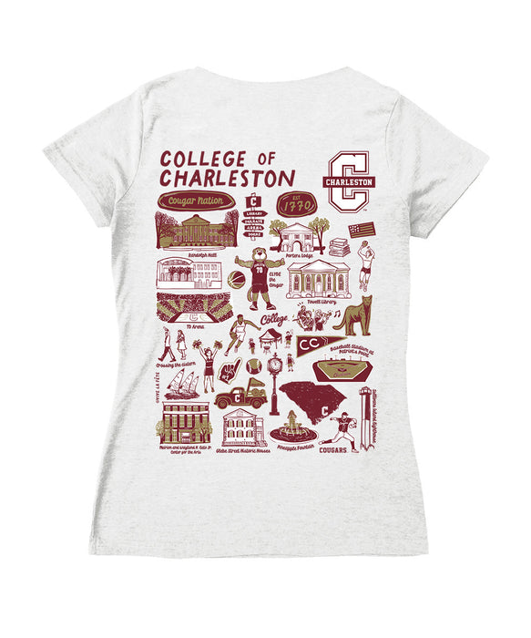 Charleston Cougars COC Hand Sketched Vive La Fete Impressions Artwork Maroon Women Cotton Short Sleeve V-Neck Tshirt