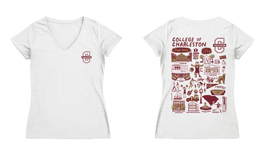 Charleston Cougars COC Hand Sketched Vive La Fete Impressions Artwork Maroon Women Cotton Short Sleeve V-Neck Tshirt