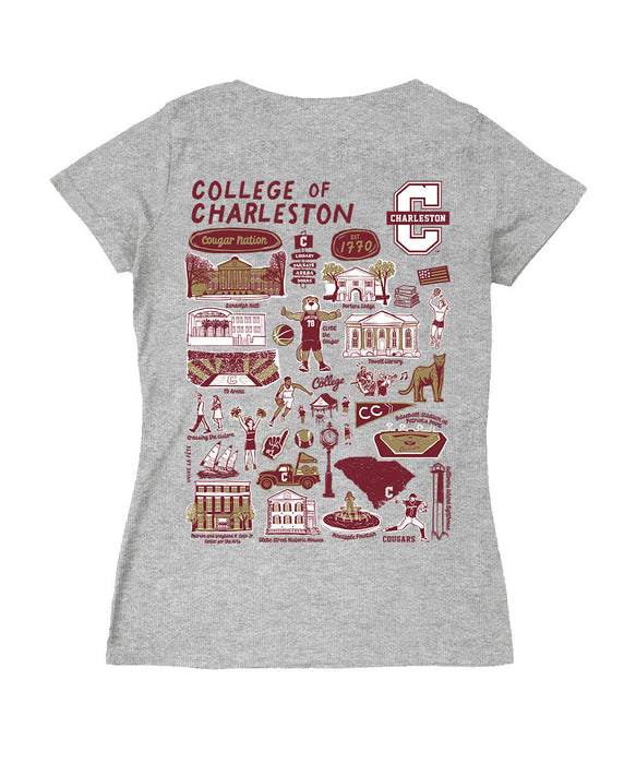 Charleston Cougars COC Hand Sketched Vive La Fete Impressions Artwork Maroon Women Cotton Short Sleeve V-Neck Tshirt