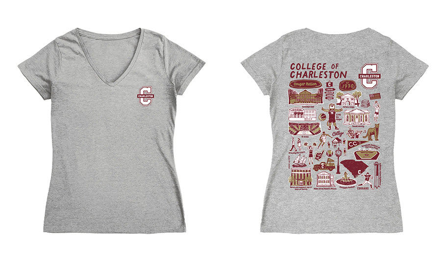 Charleston Cougars COC Hand Sketched Vive La Fete Impressions Artwork Maroon Women Cotton Short Sleeve V-Neck Tshirt