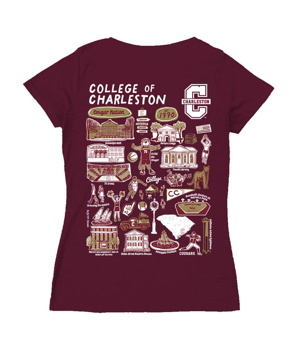 Charleston Cougars COC Hand Sketched Vive La Fete Impressions Artwork Maroon Women Cotton Short Sleeve V-Neck Tshirt