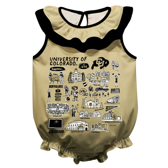 Colorado Buffaloes CU  Gold Hand Sketched Vive La Fete Impressions Artwork Sleeveless Ruffle Onesie Bodysuit