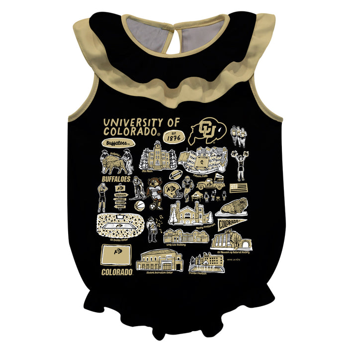 Colorado Buffaloes CU  Black Hand Sketched Vive La Fete Impressions Artwork Sleeveless Ruffle Onesie Bodysuit