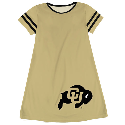 Colorado Buffaloes CU Vive La Fete Girls Game Day Short Sleeve Gold A-Line Dress with large Logo