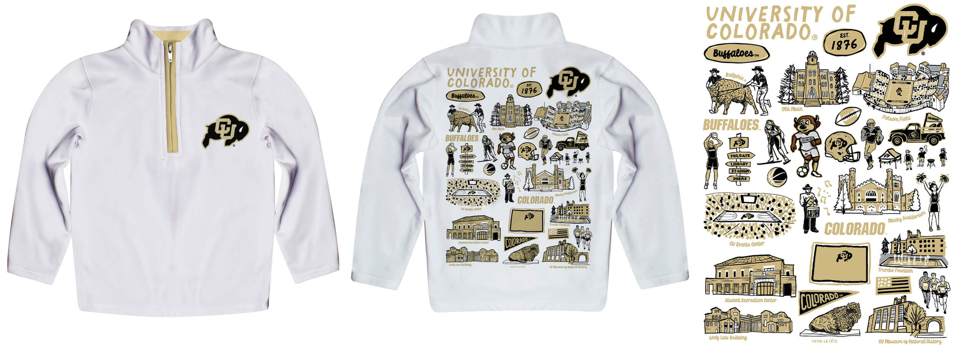 Colorado Buffaloes CU Hand Sketched Vive La Fete Impressions Artwork White Boys Quarter Zip Pullover V1 - Vive La Fête - Online Apparel Store