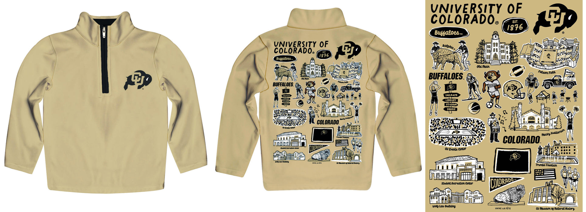 Colorado Buffaloes CU Hand Sketched Vive La Fete Impressions Artwork  Gold Boys Quarter Zip Pullover V1 - Vive La Fête - Online Apparel Store