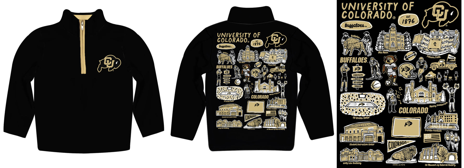 Colorado Buffaloes CU Hand Sketched Vive La Fete Impressions Artwork Black Boys Quarter Zip Pullover V1 - Vive La Fête - Online Apparel Store