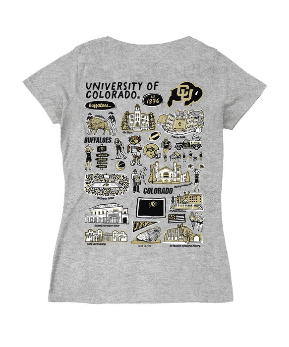 Colorado Buffaloes CU Hand Sketched Vive La Fete Impressions Artwork Black Women Cotton Short Sleeve V-Neck Tshirt - Vive La Fête - Online Apparel Store