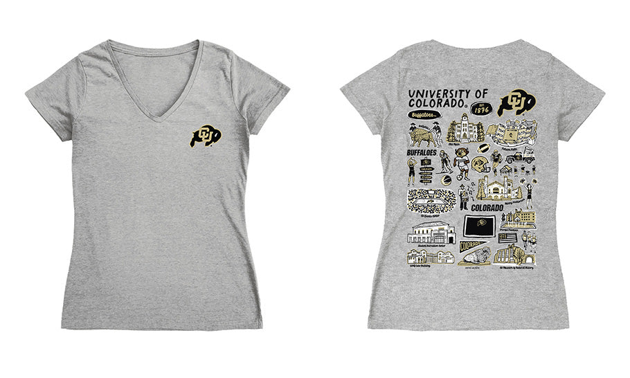 Colorado Buffaloes CU Hand Sketched Vive La Fete Impressions Artwork Black Women Cotton Short Sleeve V-Neck Tshirt - Vive La Fête - Online Apparel Store