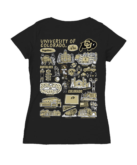 Colorado Buffaloes CU Hand Sketched Vive La Fete Impressions Artwork Black Women Cotton Short Sleeve V-Neck Tshirt - Vive La Fête - Online Apparel Store