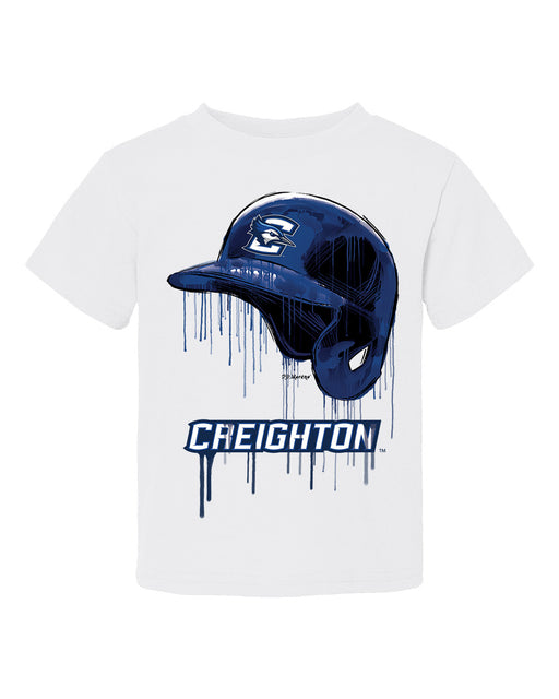 Creighton University Bluejays Original Dripping Baseball Helmet White T-Shirt Cotton by Vive La Fete