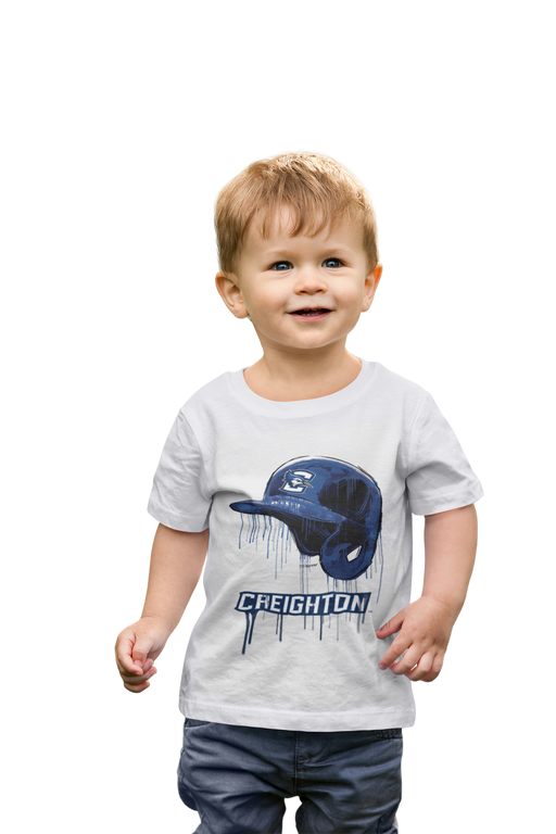 Creighton University Bluejays Original Dripping Baseball Helmet White T-Shirt Cotton by Vive La Fete - Vive La Fête - Online Apparel Store