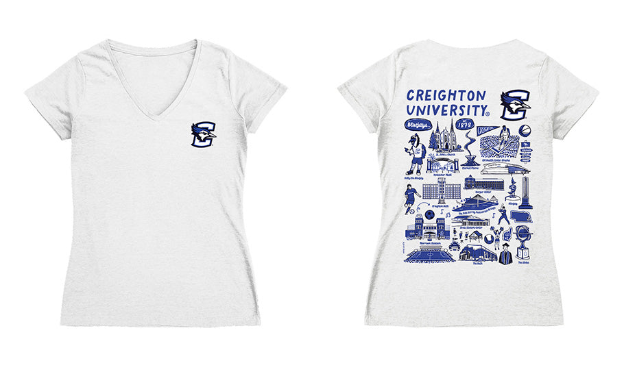 Creighton University Bluejays Hand Sketched Vive La Fete Impressions Artwork Navy Women Cotton Short Sleeve V-Neck Tshir