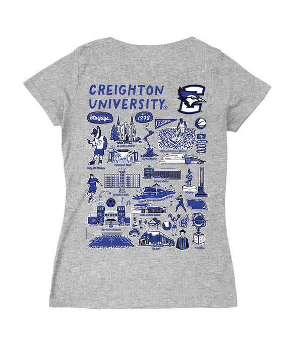 Creighton University Bluejays Hand Sketched Vive La Fete Impressions Artwork Navy Women Cotton Short Sleeve V-Neck Tshir