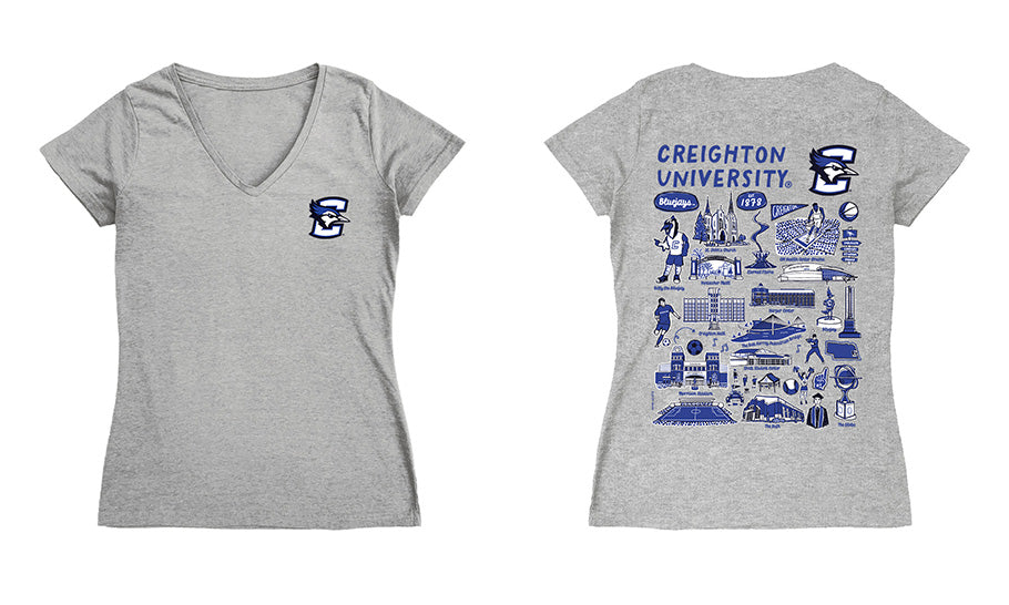Creighton University Bluejays Hand Sketched Vive La Fete Impressions Artwork Navy Women Cotton Short Sleeve V-Neck Tshir