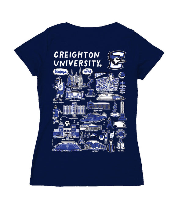 Creighton University Bluejays Hand Sketched Vive La Fete Impressions Artwork Navy Women Cotton Short Sleeve V-Neck Tshir