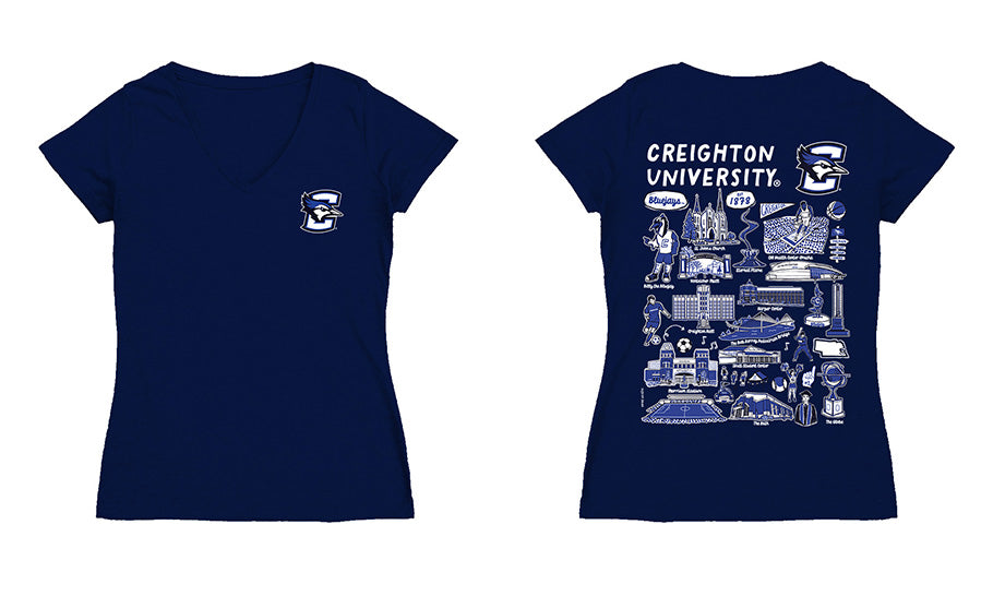 Creighton University Bluejays Hand Sketched Vive La Fete Impressions Artwork Navy Women Cotton Short Sleeve V-Neck Tshir