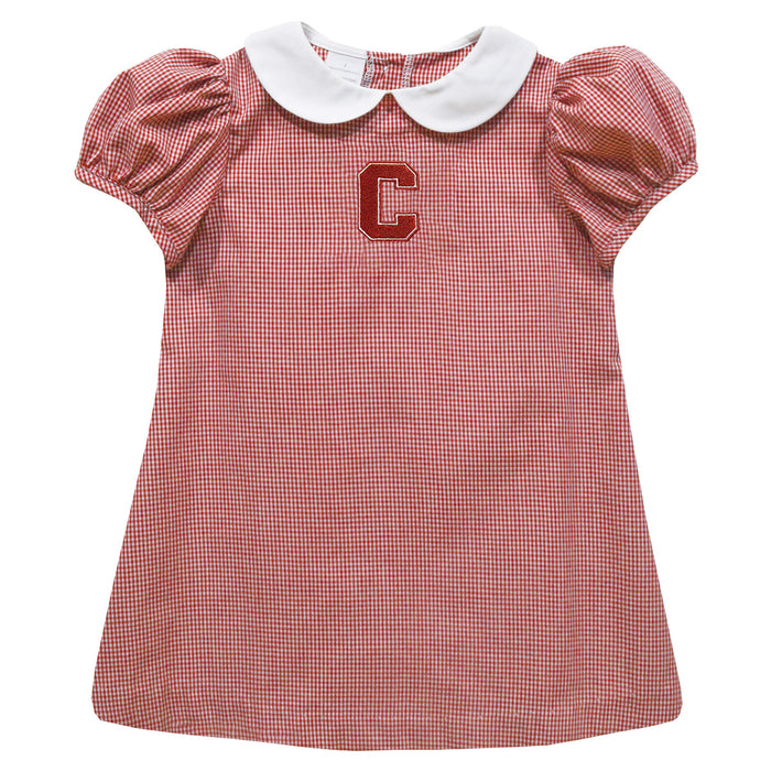 Cornell Big Red Embroidered Cardinal Red Gingham Short Sleeve A Line Dress