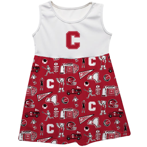 Cornell Big Red Sleeveless Tank Dress Girls White Repeat Print Hand Sketched Vive La Fete Impressions