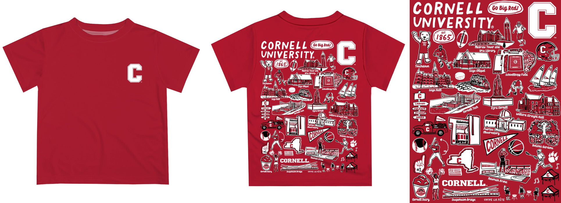 Cornell Big Red Hand Sketched Vive La Fete Impressions Artwork Boys Red Short Sleeve Tee Shirt