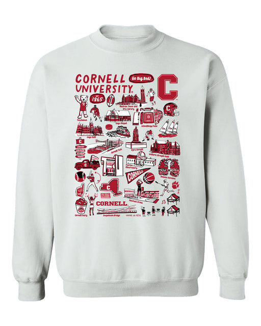 Cornell Big Red Hand Sketched Vive La Fete Impressions White Cotton Crewneck Sweatshirt for Women