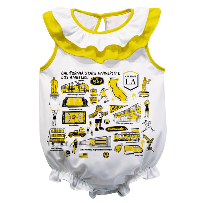 Cal State Los Angeles Golden Eagles  White Hand Sketched Vive La Fete Impressions Artwork Sleeveless Ruffle Onesie Bodys